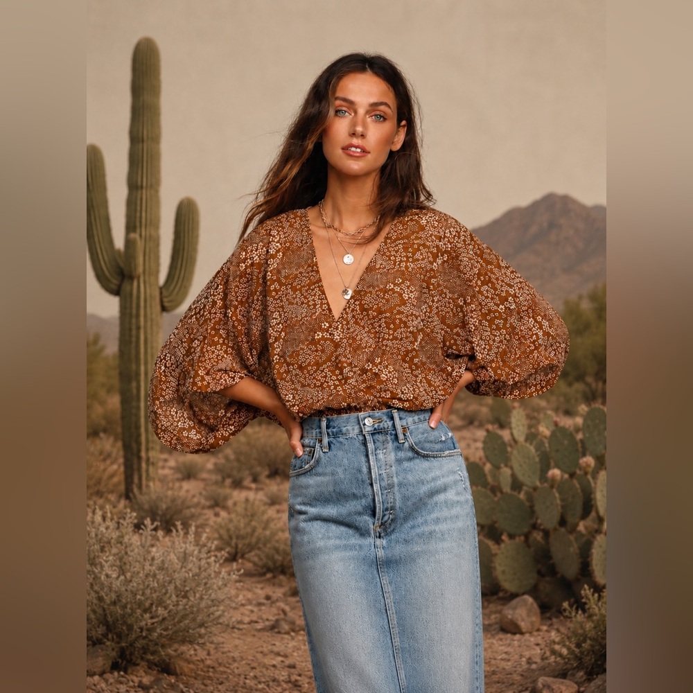 Lulus Promises Kept Brown Floral Sheer Smocked Waist Boho Top Small